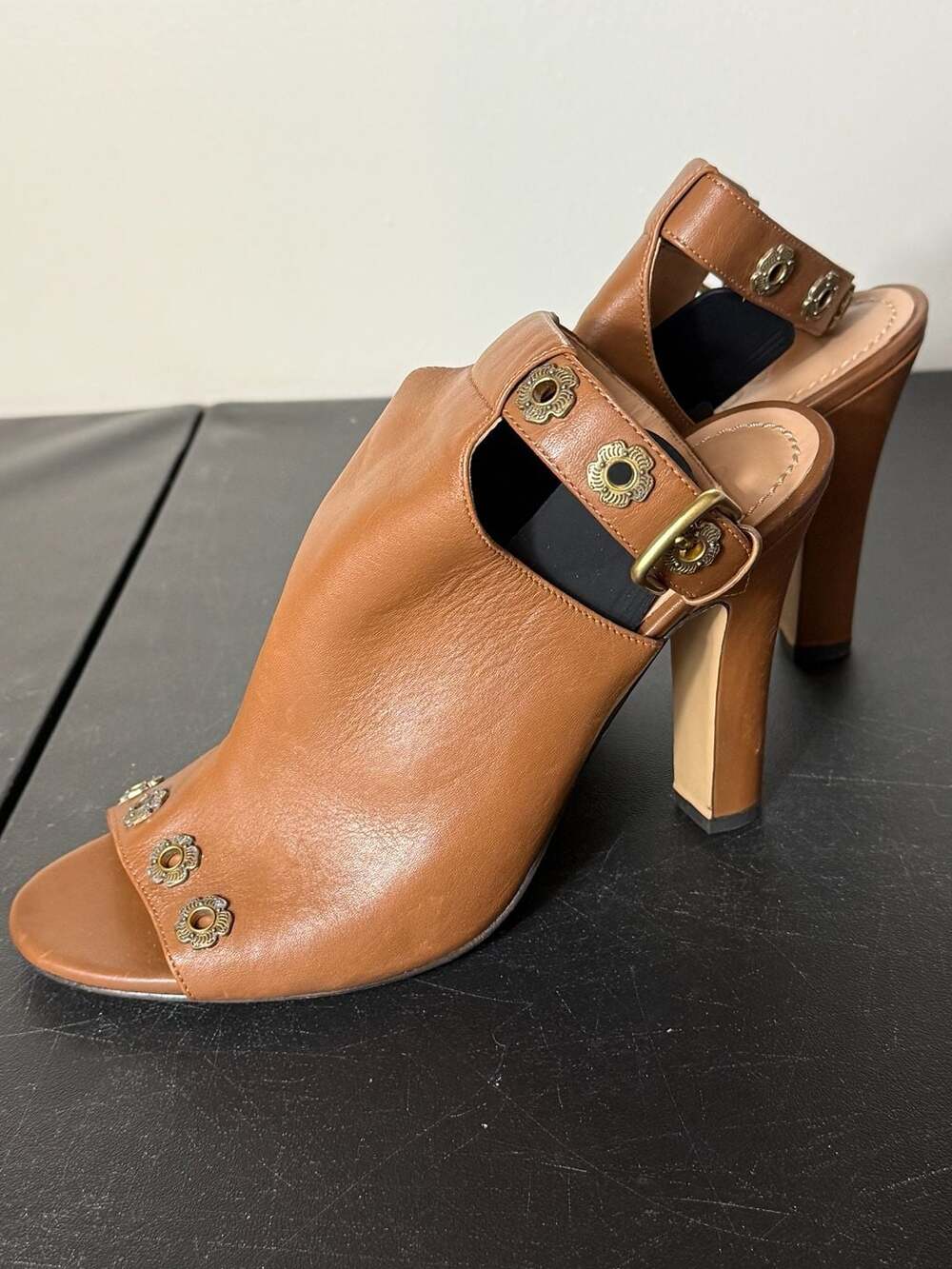 Coach Eddison Tea Rose Embellished Leather Slingback Sandals
